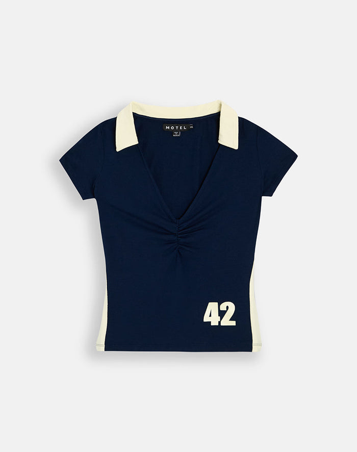 Image of Kufu Top in Navy with Lemon Collar Trim and "42" Print