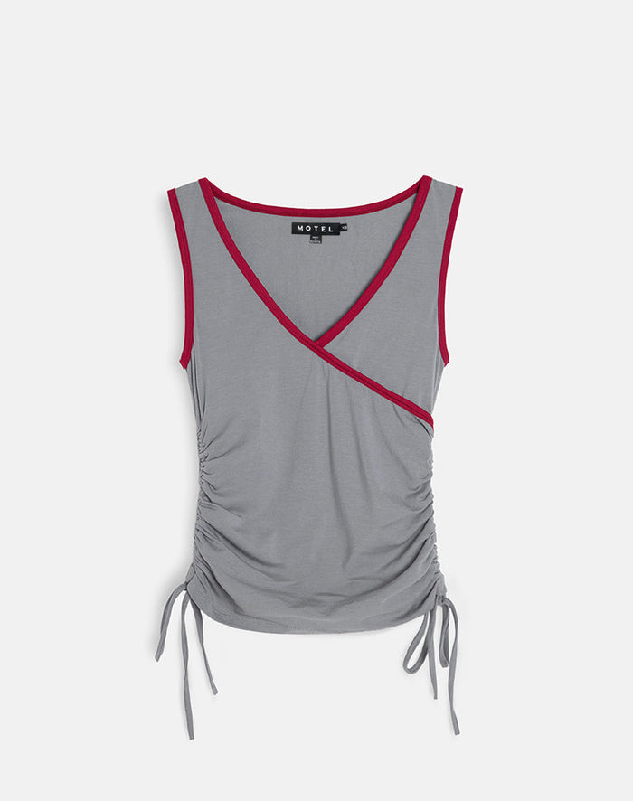 Image of Laird Wrap Top in Grey with Adrenaline Red Binding
