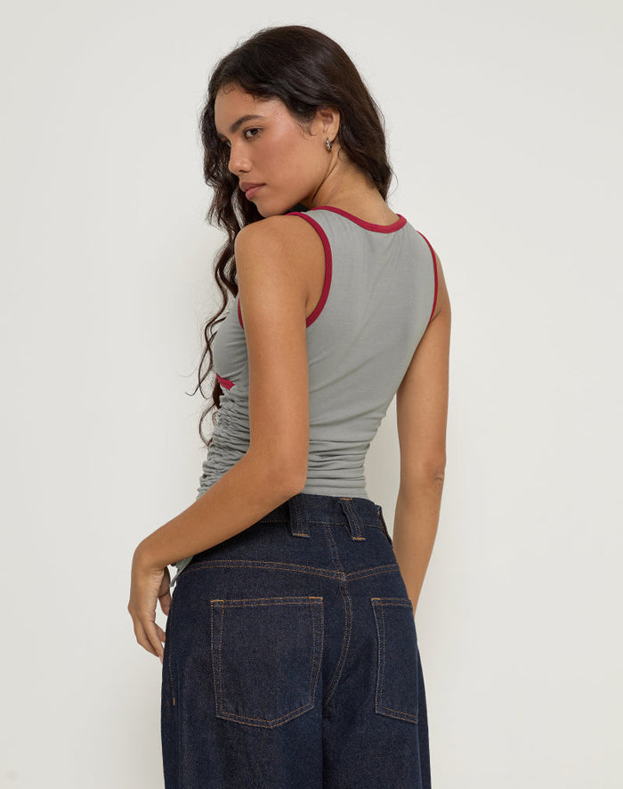 Image of Laird Wrap Top in Grey with Adrenaline Red Binding