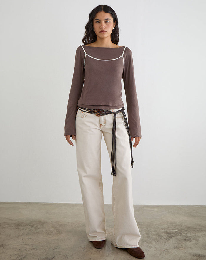 Image of Laken Long Sleeve Top in Walnut with Vanilla Ice Binding