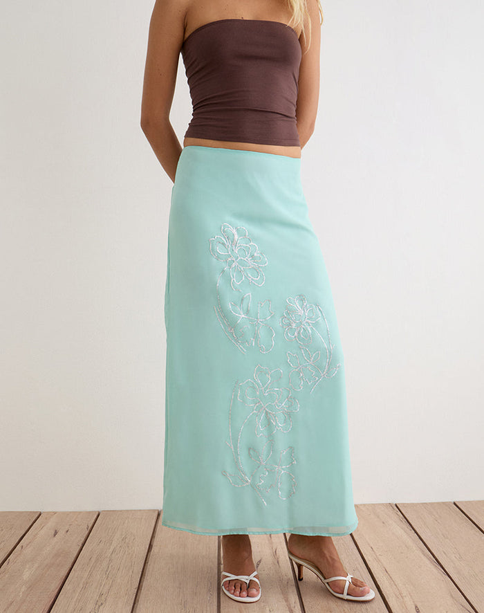 Image of Larina Maxi Skirt in Chiffon Floral Sequin Turquoise