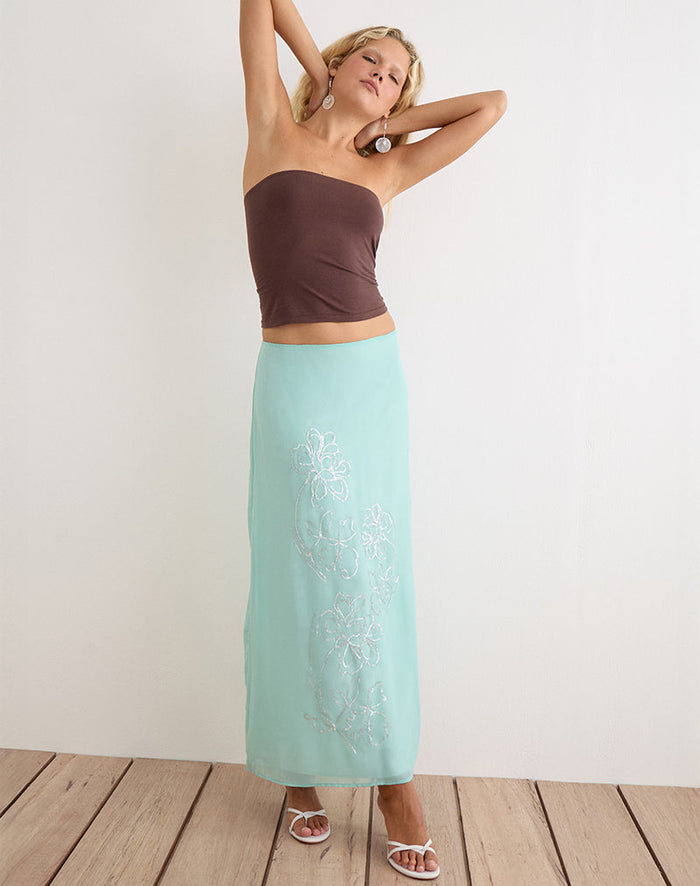 Image of Larina Maxi Skirt in Chiffon Floral Sequin Turquoise