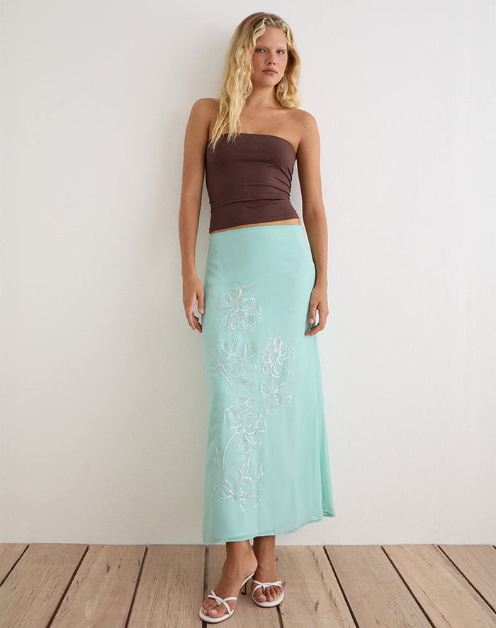 Image of Larina Maxi Skirt in Chiffon Floral Sequin Turquoise