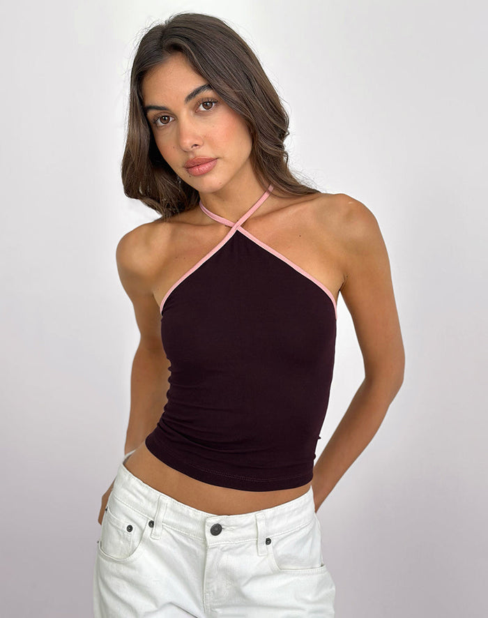 Image of Lay Halterneck Top in Redwood with Pink Lady Binding
