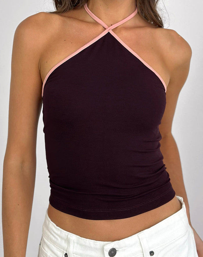 Image of Lay Halterneck Top in Redwood with Pink Lady Binding