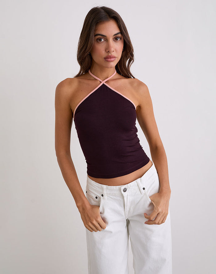 Image of Lay Halterneck Top in Redwood with Pink Lady Binding
