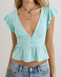 Image of Leisma Frill Top in Jersey Aqua with Studs