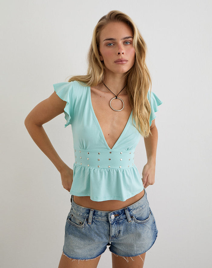 Image of Leisma Frill Top in Jersey Aqua with Studs