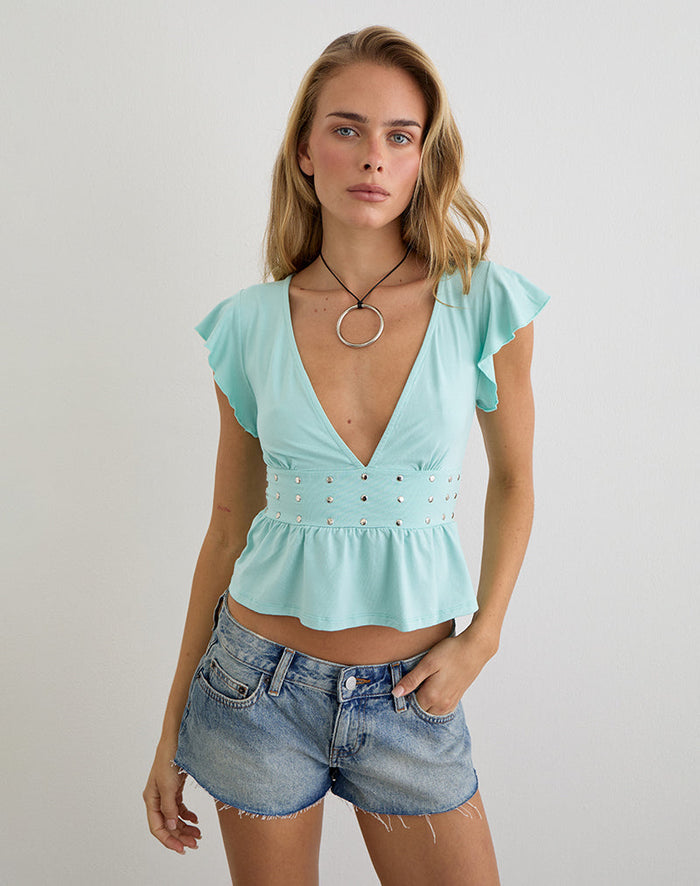 Image of Leisma Frill Top in Jersey Aqua with Studs