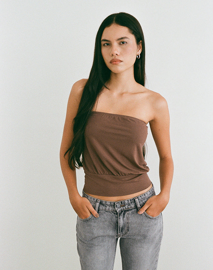 Image of Leocadia Bandeau Top in Cupro Bitter Chocolate