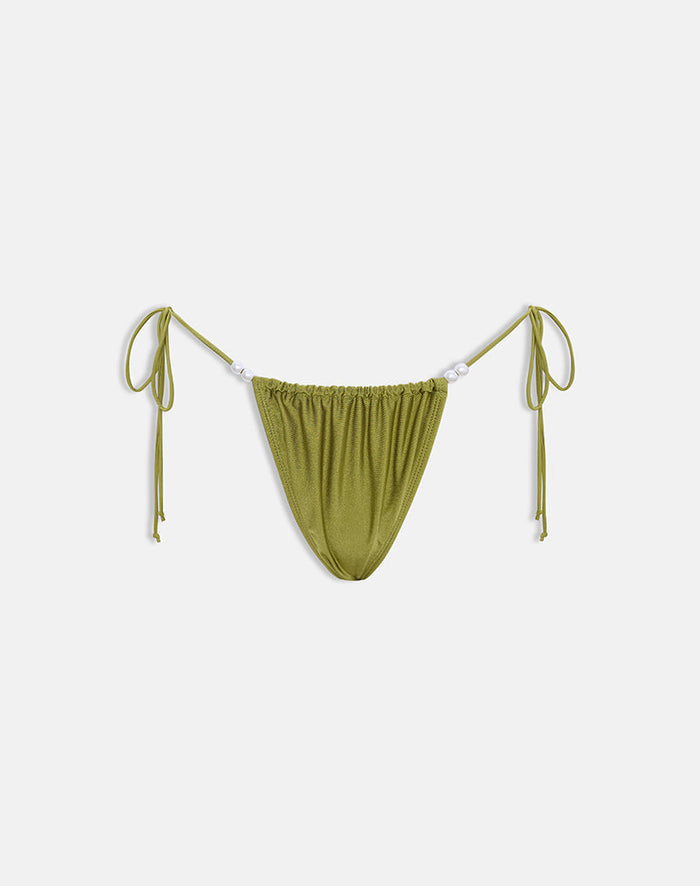 Image of Leyna Bikini Bottom in Olive Shine with Pearl Beads
