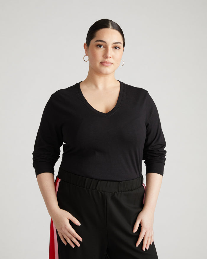 Light-As-Air Long Sleeve V Neck Tee - Black | Plus Size & Straight Size Women's Fashion | Universal Standard