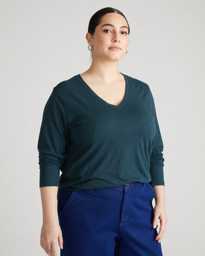 Light-As-Air Long Sleeve V Neck Tee - Deep Sea | Plus Size & Straight Size Women's Fashion | Universal Standard