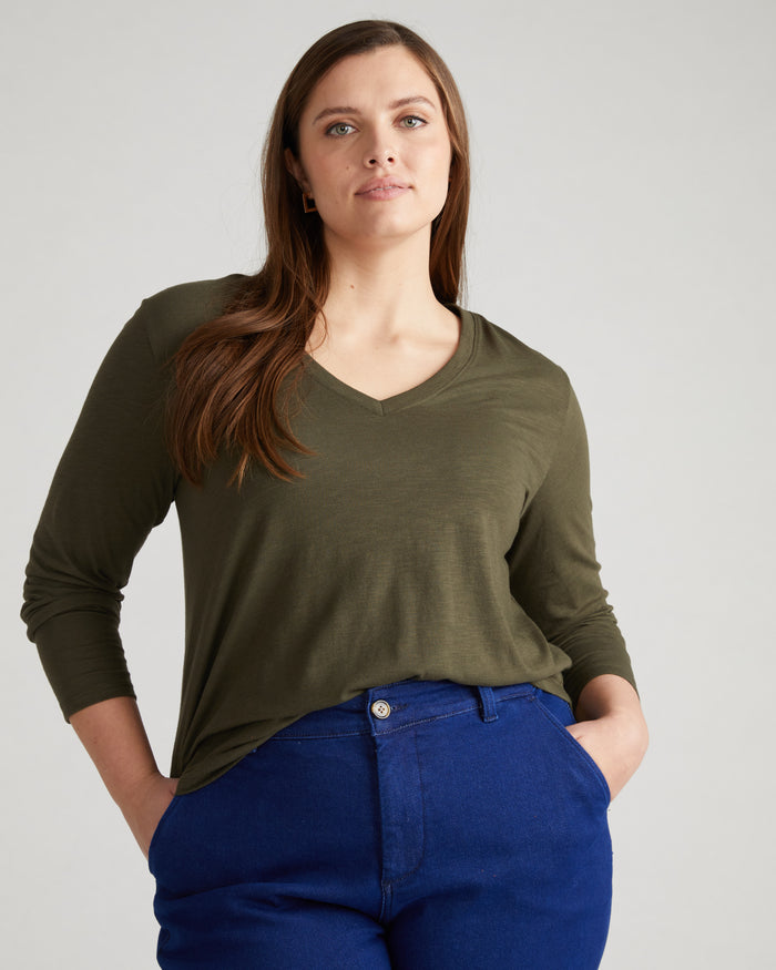 Light-As-Air Long Sleeve V Neck Tee - Nori | Plus Size & Straight Size Women's Fashion | Universal Standard