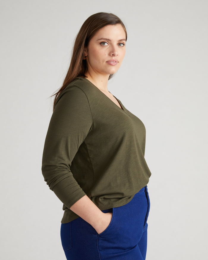 Light-As-Air Long Sleeve V Neck Tee - Nori | Plus Size & Straight Size Women's Fashion | Universal Standard
