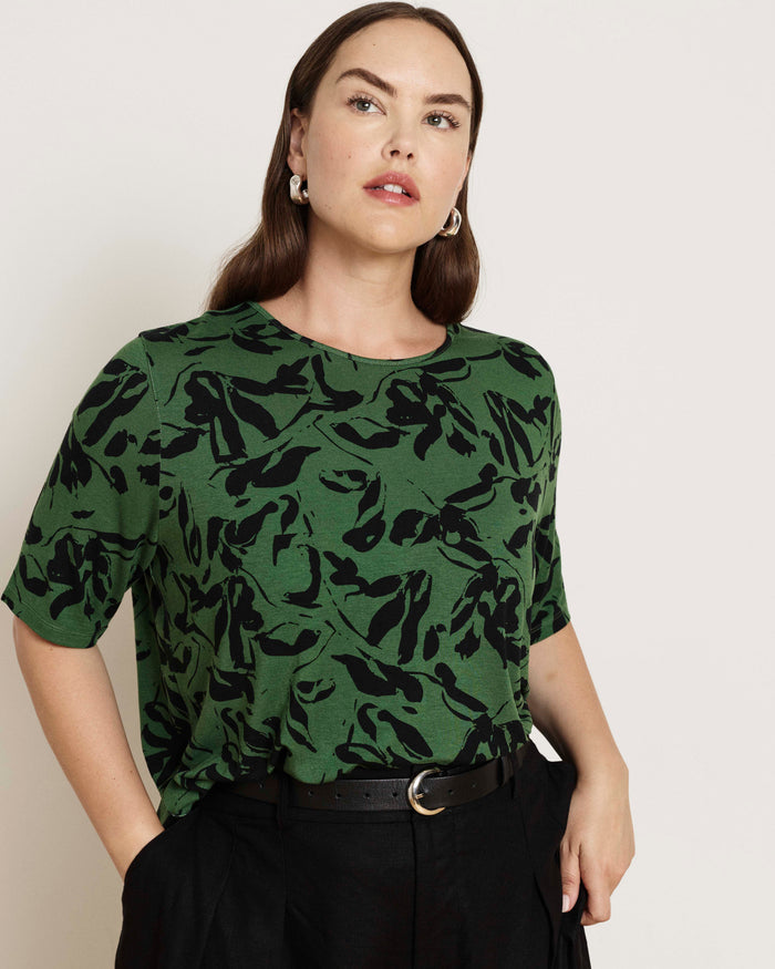 Lily Liquid Jersey Crew Neck Stovepipe Tee - Green Sgraffito Print | Plus Size & Straight Size Women's Fashion | Universal Standard