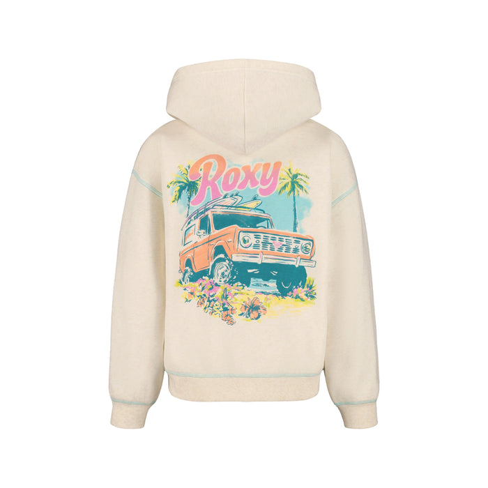 The Roxy Little Girls' Coastal Cruiser Zip Hoodie is made from soft cotton-poly fleece and features a colorful back graphic with a vintage orange car, palm trees, surfboards, flowers, and bold pink Roxy lettering.