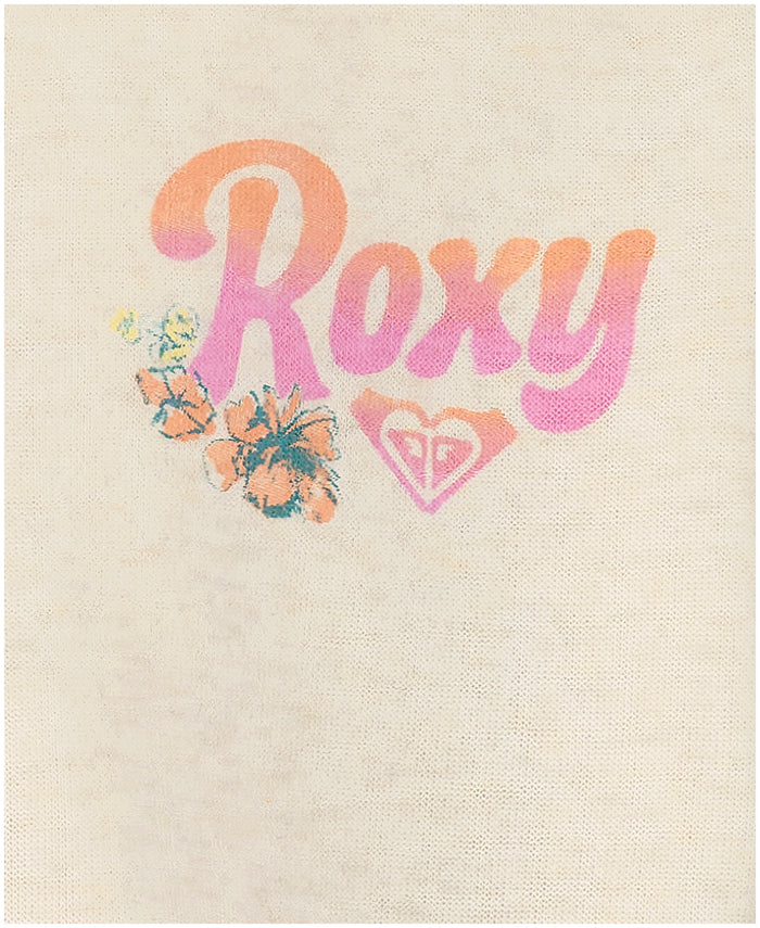 Roxy is written in a pink and orange gradient on a beige textured background with a floral graphic and heart logo—perfect for the Little Girls' Coastal Cruiser Zip Hoodie by Roxy, crafted from cozy cotton-poly fleece.