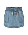 The Roxy Little Girls' Soleil Short features lightweight denim, a smocked elastic waistband, drawstring with knotted ends, two front patch pockets, and an acid wash finish for a casual everyday look.
