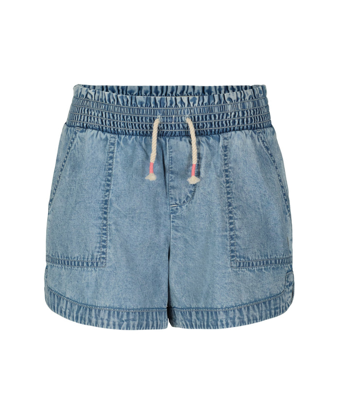 The Roxy Little Girls' Soleil Short features lightweight denim, a smocked elastic waistband, drawstring with knotted ends, two front patch pockets, and an acid wash finish for a casual everyday look.