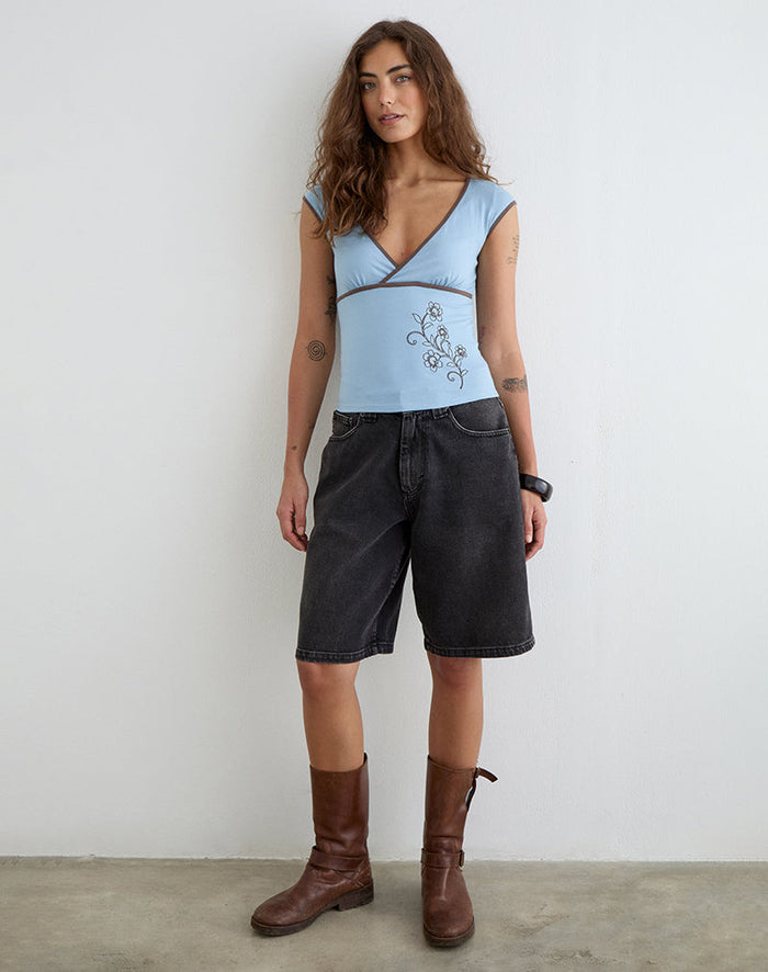 Image of Liuvia Top in Nantucket Blue with Coffee Quartz Binding and Flower Embroidery