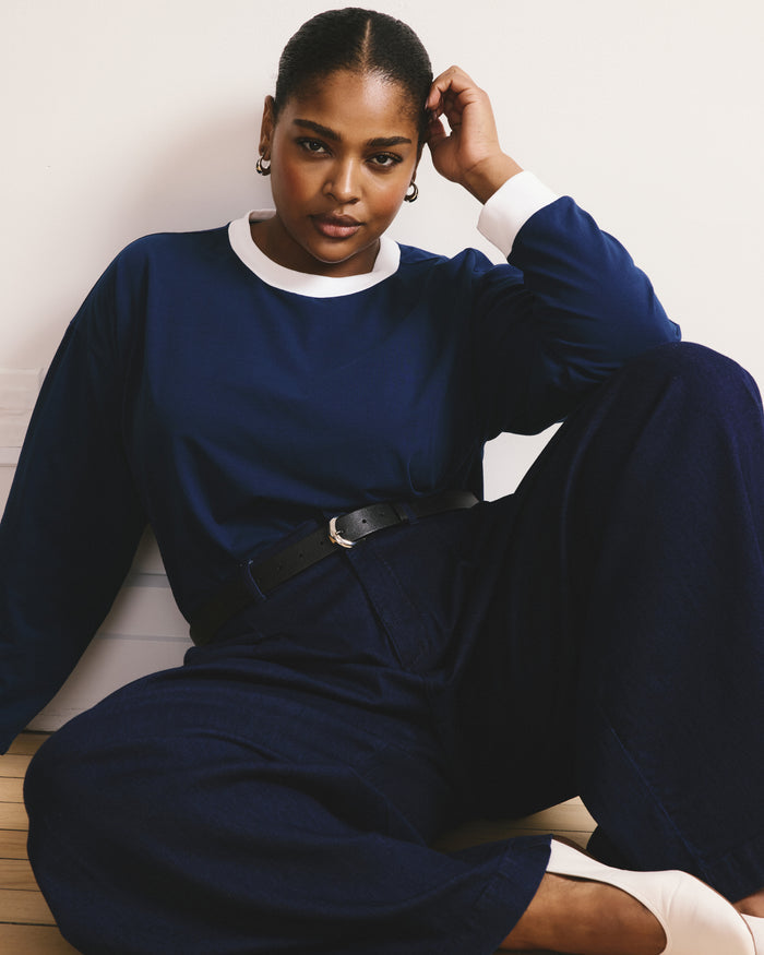Long Sleeve Relaxed Tee - Pageant Blue/White Trim | Plus Size & Straight Size Women's Fashion | Universal Standard