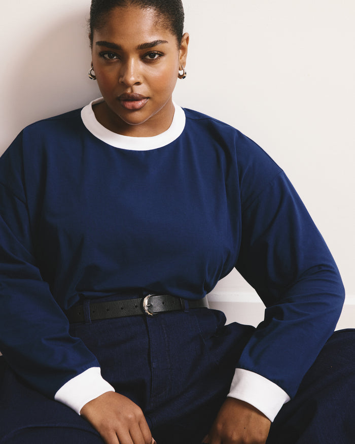 Long Sleeve Relaxed Tee - Pageant Blue/White Trim | Plus Size & Straight Size Women's Fashion | Universal Standard