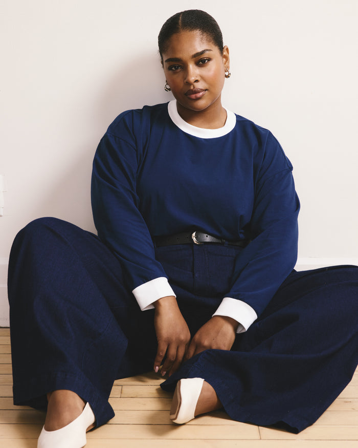 Long Sleeve Relaxed Tee - Pageant Blue/White Trim | Plus Size & Straight Size Women's Fashion | Universal Standard