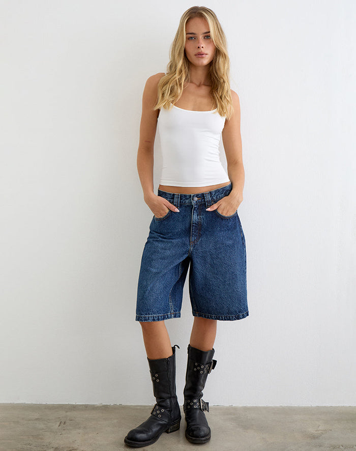 Image of Low Rise Denim Skater Short in Mid Blue Used