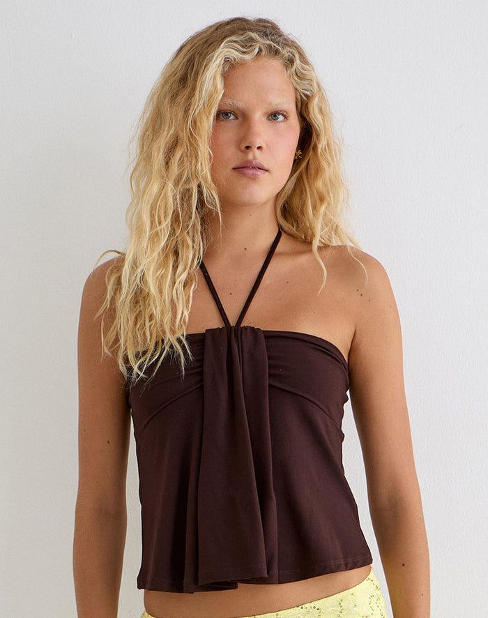 Image of Lue Halterneck Top in Rayon Jersey Chocolate Brown