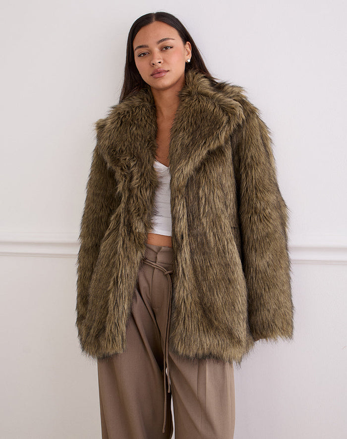 Image of Lupita Jacket in Faux Long Fur Brown