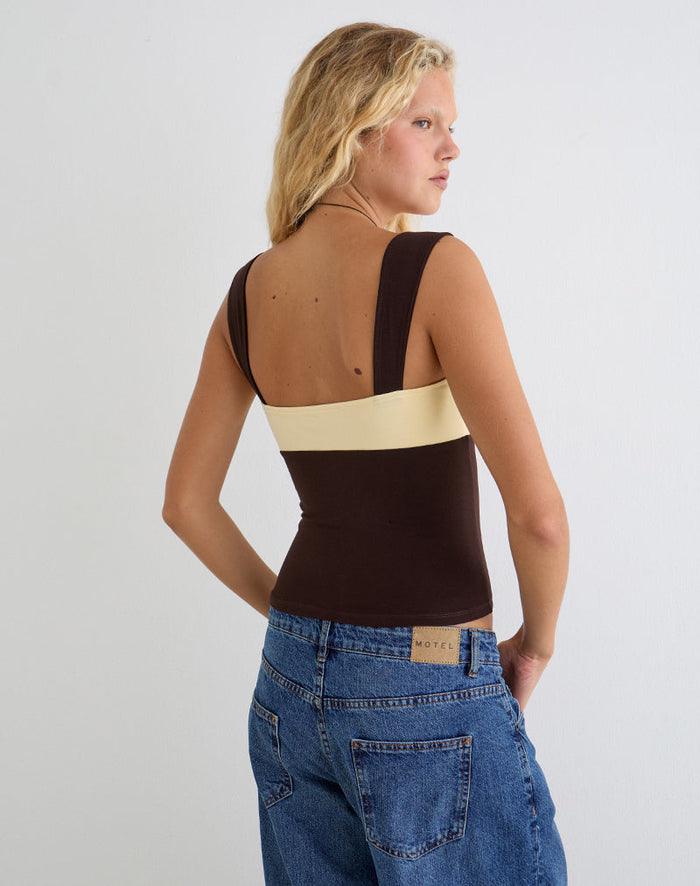 Image of Lure Top in Rayon Jersey Bitter Chocolate and Lemon Yellow