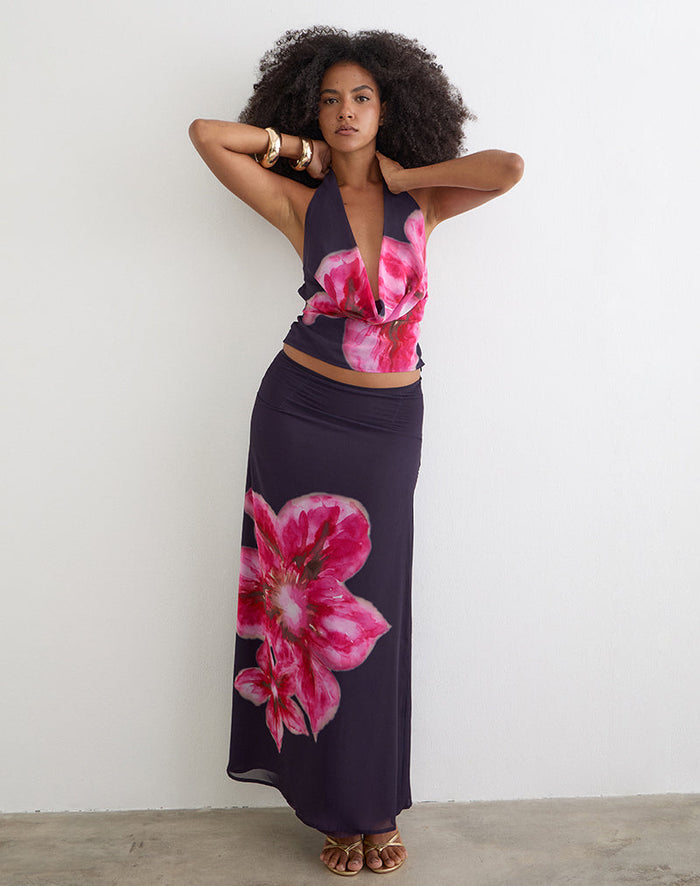Image of Lurina Maxi Skirt in Purple Chiffon with Desert Flower