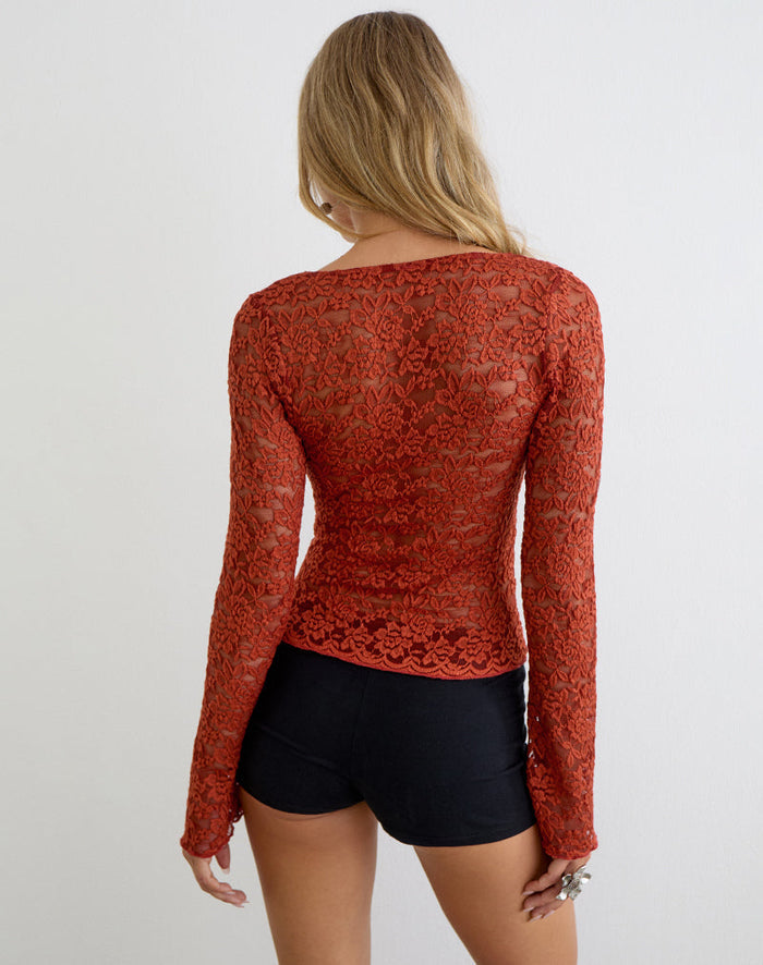 Image of Mahota Deep Plunge Long Sleeve Top in Lace Mesh Brick