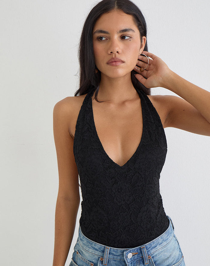 Image of Maizy Halterneck Bodysuit in Black Floral Lace