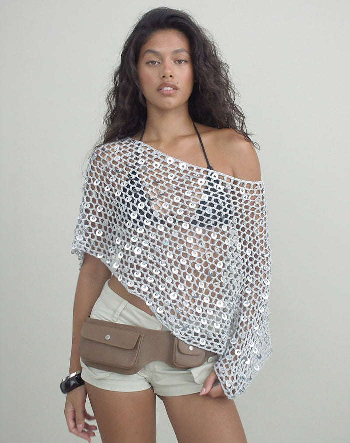 Image of Maliha Poncho in Crochet Knit Silver