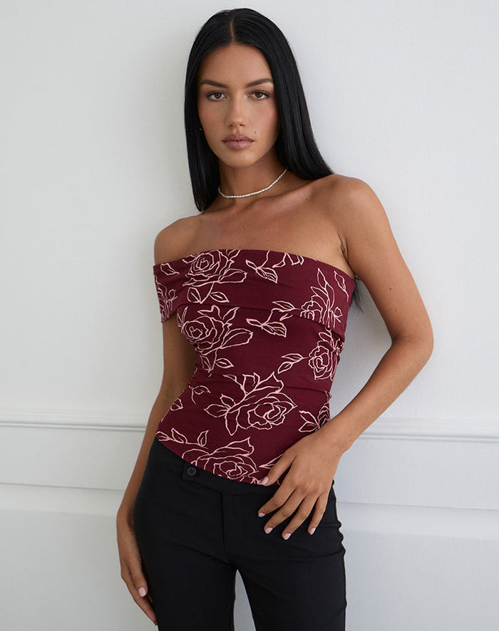 Image of Marga One Shoulder Top in Outline Rose Maroon