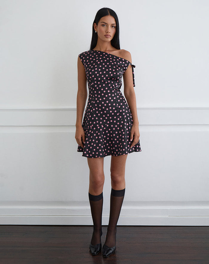 Image of Maribel Mini Dress in Black Satin Scattered with Pink Polka