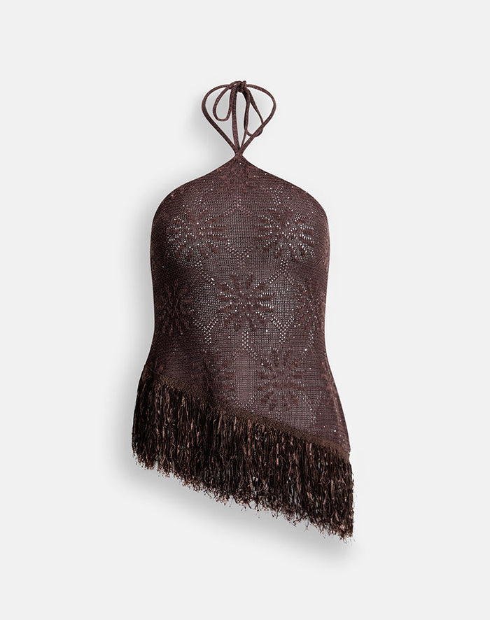 Image of Masina Top with Fringe Hem in Sequin Knit Brown