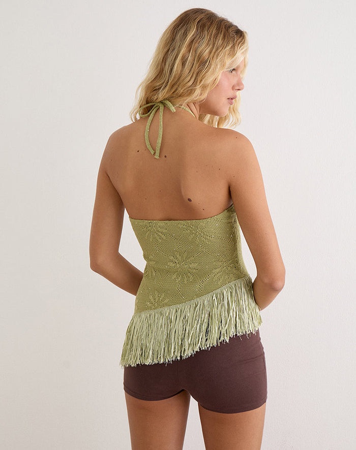 Image of Masina Top With Fringe Hem in Sequin Knit Green