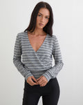 Image of Milzie Wrap Top in Horizontal Stripe Knit Grey and Black