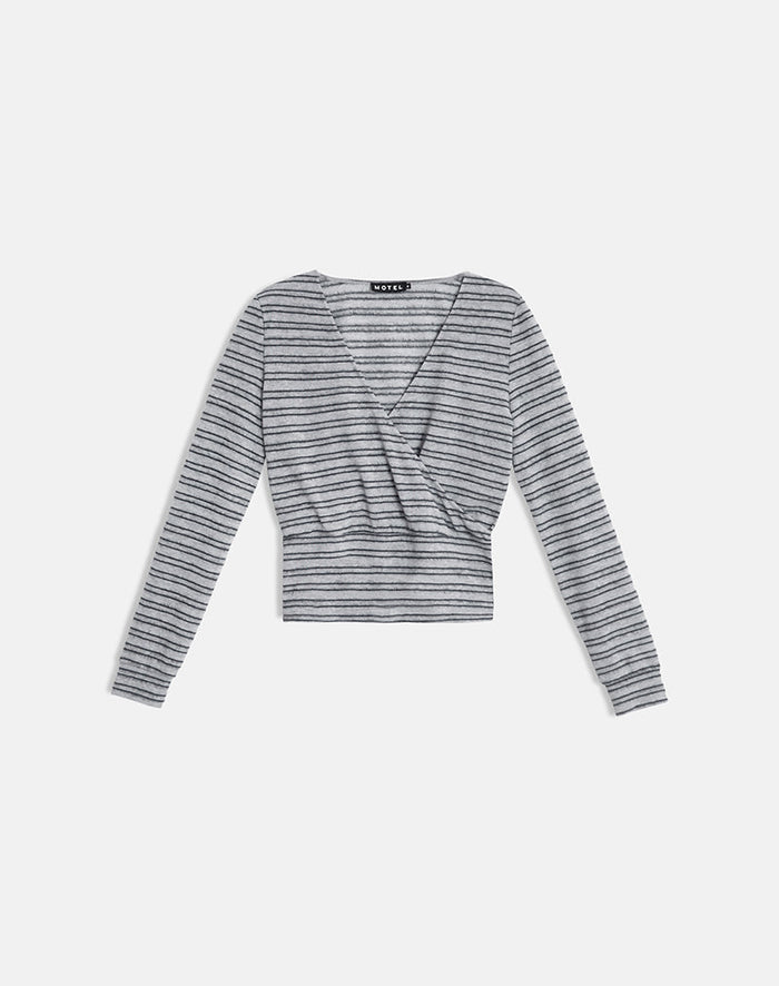 Image of Milzie Wrap Top in Horizontal Stripe Knit Grey and Black
