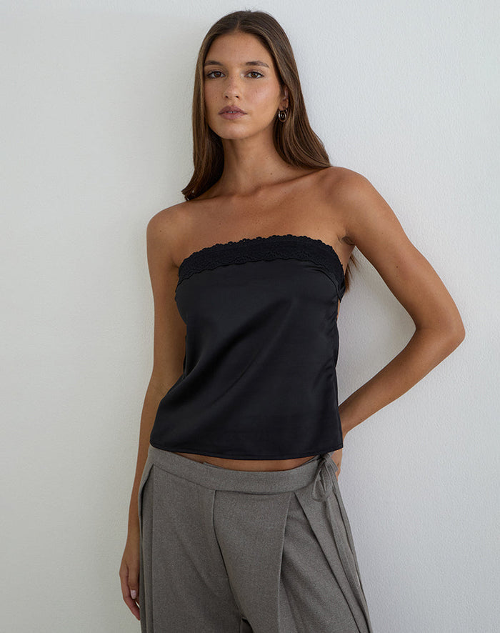 Image of Minae Bandeau Top with Lace Trim in Satin Black