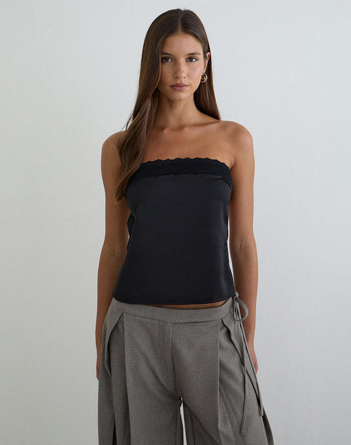 Image of Minae Bandeau Top with Lace Trim in Satin Black