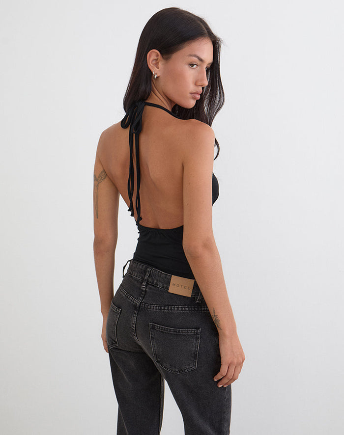 Image of Mioto Keyhole Halterneck Top with Studs in Rayon Black
