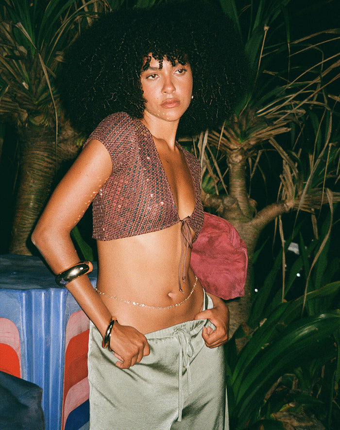 Image of Mirea Shrug Top in Sequin Knit Dark Brown