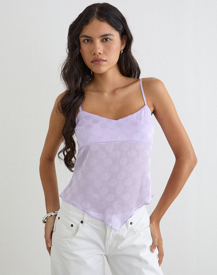 Image of Mirelle Handkerchief Cami Top in Chiffon Lilac Polka Dot