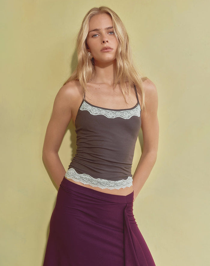 Image of Mishti Cami Top with Lace Trim in Dark Brown