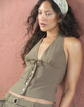 Image of Miyuki Tie Front Halterneck Top in Tailoring Dark Beige