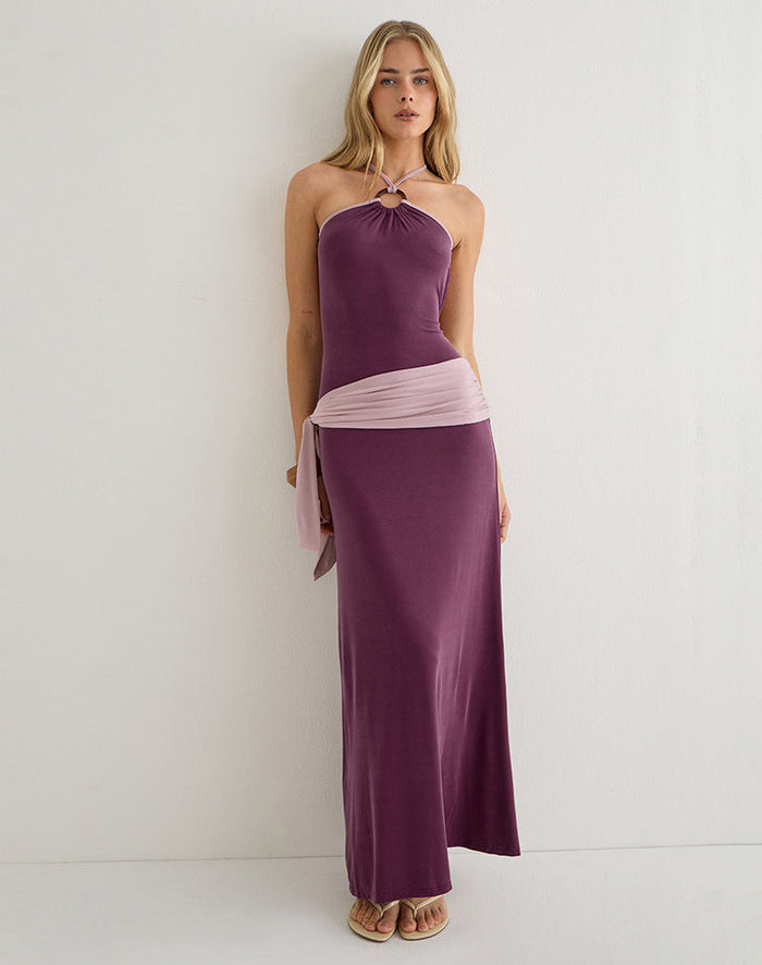 Image of Moisa Maxi Dress in Cupro Deep Purple and Dusty Pink